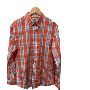 LL BEAN ORANGE BLUE AND WHITE PLAID CHECK FITTED LS BUTTON DOWN SHIRT